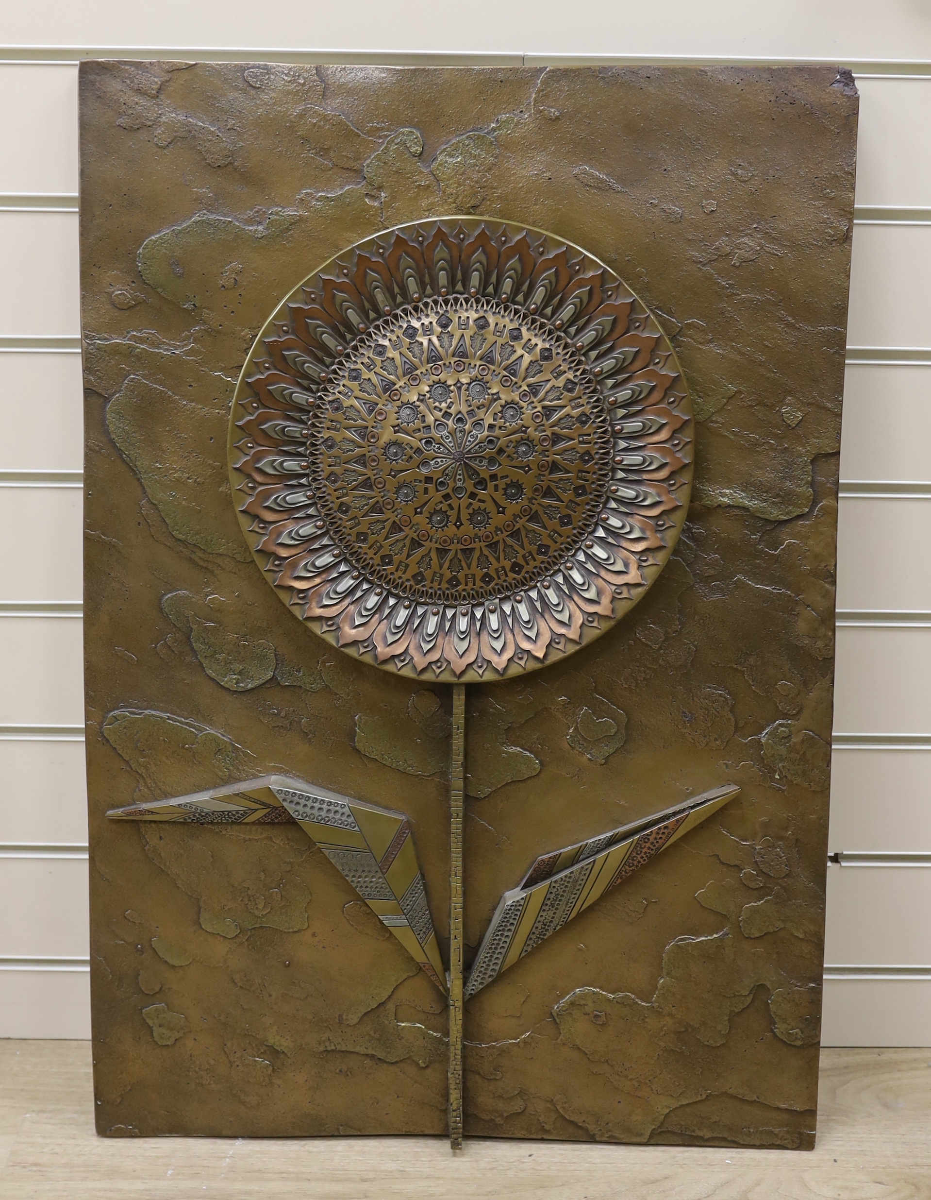 Giovanni Schoeman (1940-1981), bronze plaque, Abstract sunflower, signed, 79 x 54cm